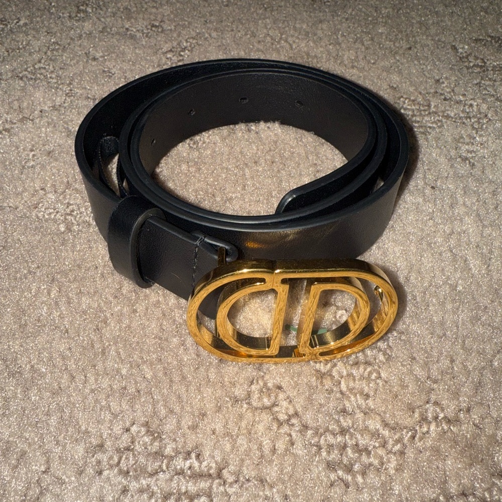 Authentic Christian Dior calf skin Black Belt with Gold CD Buckle